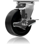 Heavy Duty 5" Plate Caster with Brake, Swivel and Polyolefin Wheel - 2 Pack, 1400 lbs Total Capacity (Extra Wide 2 inch Top Plate)