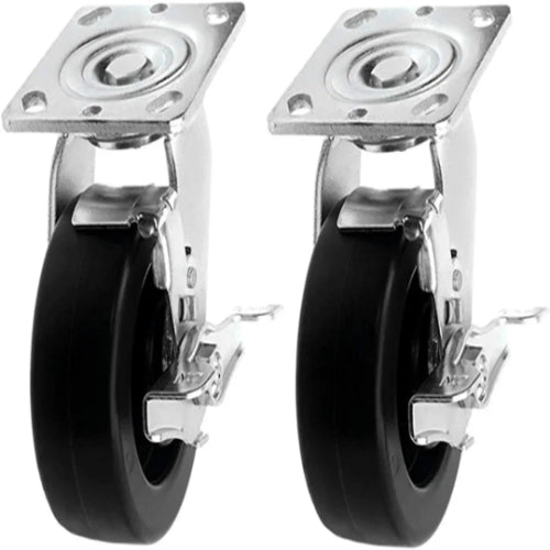 Heavy Duty 5" Plate Caster with Brake, Swivel and Polyolefin Wheel - 2 Pack, 1400 lbs Total Capacity (Extra Wide 2 inch Top Plate)