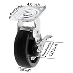 6" 4 Pack Plate Caster, Heavy Duty Swivel w/Brake Polyolefin Wheel, Top Plate Caster Extra Width 2 inches 3200 lbs Total Capacity (6 inches Pack of 4)