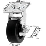 Heavy Duty 5" Plate Casters - 4 Pack Swivel with Brake & Polyolefin Wheel - 2800 lbs Capacity - Top Plate Extra Width 2 inches