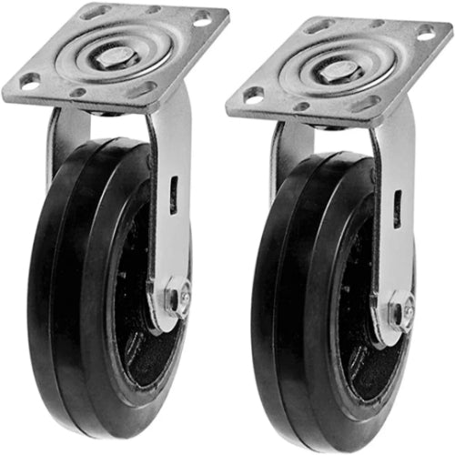 6" Heavy Duty Swivel Plate Casters with Brake - 2 Pack, 1200 lbs Total Capacity, Rubber Mold on Steel Wheel, Top Plate Caster with 2 Inches Extra Width