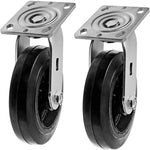 6" Heavy Duty Swivel Plate Casters with Brake - 2 Pack, 1200 lbs Total Capacity, Rubber Mold on Steel Wheel, Top Plate Caster with 2 Inches Extra Width