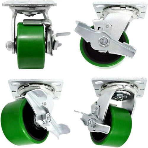 6" Heavy Duty Swivel Plate Caster w/Brake - 4 Pack, 5000 lbs Total Capacity, Polyurethane on Steel Wheel