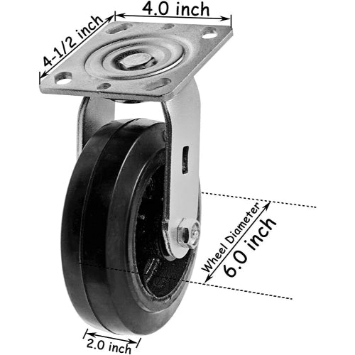 Heavy Duty 6-Inch Plate Casters - Set of 4 Swivel Rubber Mold on Steel Wheels with 2400 lbs Total Capacity and 2-Inch Extra Width Top Plate