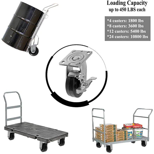 2-Pack 4" Plate Casters with Brake - Medium Duty Swivel Rubber Mold on Steel Wheel Caster with 2" Extra Width Top Plate - 900 lbs Total Capacity