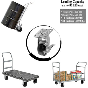 2-Pack 4" Plate Casters with Brake - Medium Duty Swivel Rubber Mold on Steel Wheel Caster with 2" Extra Width Top Plate - 900 lbs Total Capacity