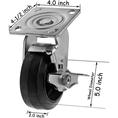 Heavy-Duty 5" Plate Casters with 2" Width - 2 Pack, 1100 lbs Total Capacity, Swivel with Brake, Rubber Mold on Steel Wheel, Easy to Install Top Plate Caster