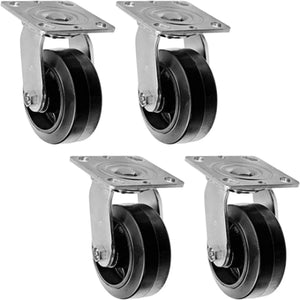 Heavy Duty 5" Swivel Plate Casters, 4 Pack with Rubber Molded Steel Wheels, Top Plate with 2-inch Extra Width and 2200 lbs Total Capacity