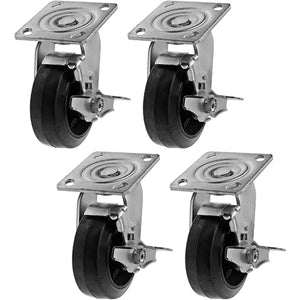 5" Heavy Duty Swivel Plate Caster with Brake, Pack of 4, 2200 lbs Total Capacity, Rubber Mold on Steel Wheel, Top Plate Caster Extra Width 2 inches