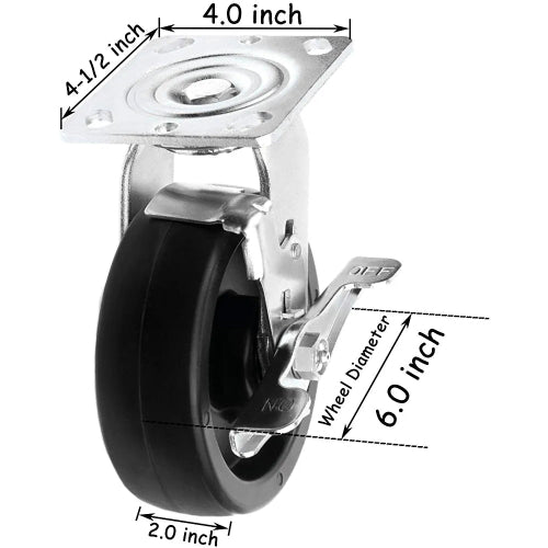 6" Heavy Duty Plate Casters - 4 Pack, 3200 lbs Total Capacity, Polyolefin Wheel, with 4 Swivel and 2w / Brake Functionality