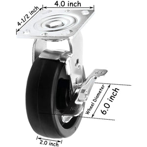 6" Heavy Duty Plate Casters - 4 Pack, 3200 lbs Total Capacity, Polyolefin Wheel, with 4 Swivel and 2w / Brake Functionality