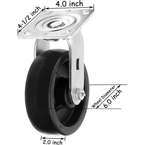 6" Heavy Duty Plate Casters - 4 Pack, 3200 lbs Total Capacity, Polyolefin Wheel, with 4 Swivel and 2w / Brake Functionality