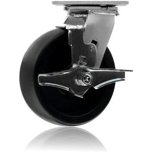 6" Heavy Duty Plate Casters - 4 Pack, 3200 lbs Total Capacity, Polyolefin Wheel, with 4 Swivel and 2w / Brake Functionality