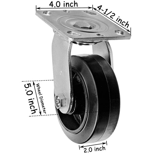 Medium Duty Plate Casters, 5" Rubber Wheels, Swivel with Brake, 4 Pack - 2200 lbs Capacity