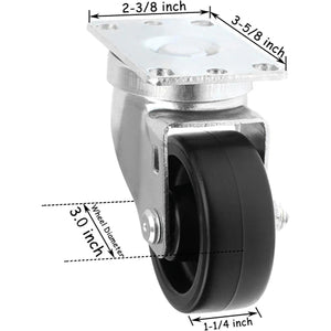 Heavy-Duty 3" Caster Set - Pack of 4 (2 Swivel & 2 Rigid) with 1320 lbs Total Capacity, Polyolefin Black Rubber Top, Top Plate Mounting - Ideal for Material Handling, Moving Dollies, and More