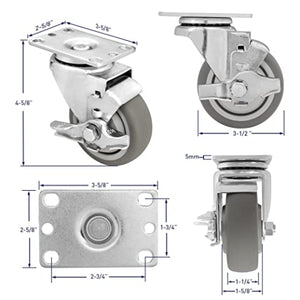 4-Pack 3.5" Thermoplastic Rubber Plate Casters with 1200 lbs Total Capacity, Swivel and Rigid with Brakes