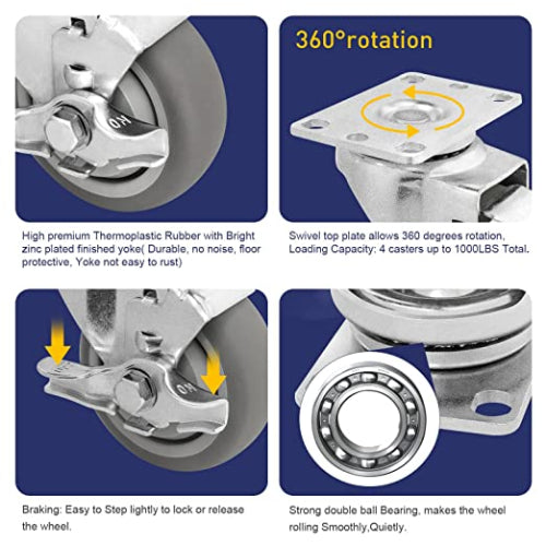 4-Pack 3.5" Thermoplastic Rubber Plate Casters with 1200 lbs Total Capacity, Swivel and Rigid with Brakes