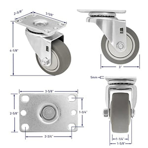 Set of 4 Plate Casters with 3-Inch Thermoplastic Rubber Wheels, 2 Swivel and 2 Rigid, Top Plate Mounting, Total Capacity of 1000 lbs