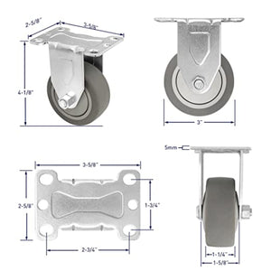 Set of 4 Plate Casters with 3-Inch Thermoplastic Rubber Wheels, 2 Swivel and 2 Rigid, Top Plate Mounting, Total Capacity of 1000 lbs