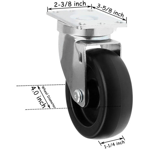 4" Heavy Duty Caster Wheels - 4 Pack with Top Plate and 1320lbs Total Capacity - 4 Swivel (2 with Brake) - Polyolefin Black Rubber Top Plain Plate