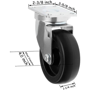 4" Heavy Duty Caster Wheels - 4 Pack with Top Plate and 1320lbs Total Capacity - 4 Swivel (2 with Brake) - Polyolefin Black Rubber Top Plain Plate