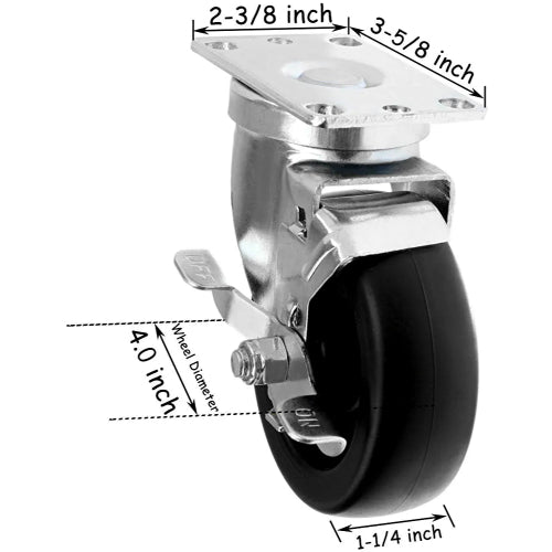 4" Heavy Duty Caster Wheels - 4 Pack with Top Plate and 1320lbs Total Capacity - 4 Swivel (2 with Brake) - Polyolefin Black Rubber Top Plain Plate