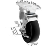 4" Heavy Duty Caster Wheels - 4 Pack with Top Plate and 1320lbs Total Capacity - 4 Swivel (2 with Brake) - Polyolefin Black Rubber Top Plain Plate