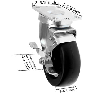 4" Heavy Duty Caster Wheels - 4 Pack with Top Plate and 1320lbs Total Capacity - 4 Swivel (2 with Brake) - Polyolefin Black Rubber Top Plain Plate