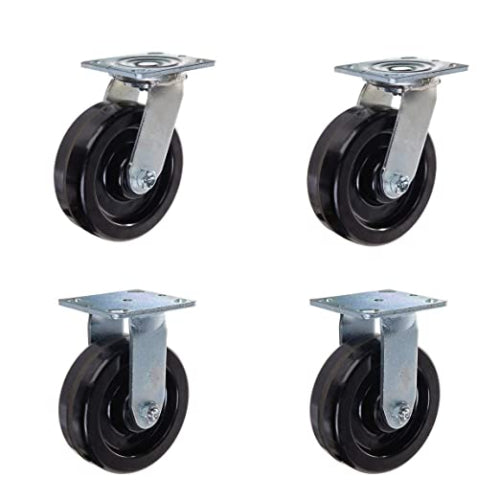 Heavy Duty 6" Plate Caster Set, 4800 lbs Total Capacity, Phenolic Wheels w/ Extra 2" Width, 4 Pack (2 Swivel & 2 Rigid)