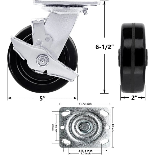 5-Inch Heavy Duty Plate Casters - 4 Pack with 4000 lbs Total Capacity, Phenolic Wheels, 2-Inch Width, 4 Swivel with Brake - Ideal for Industrial Use