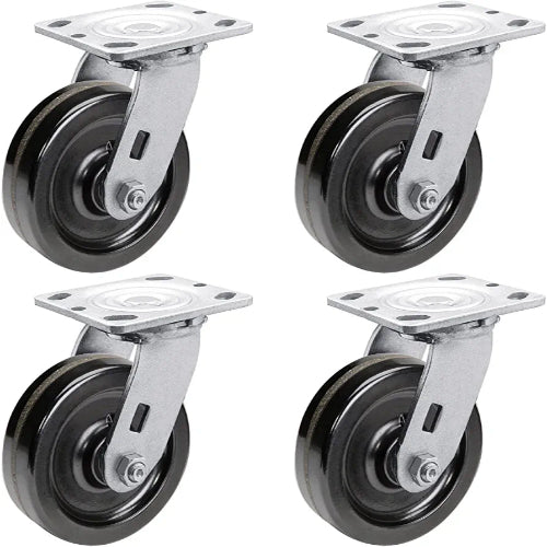 5-Inch Heavy Duty Plate Casters - 4 Pack with 4000 lbs Total Capacity, Phenolic Wheels, 2-Inch Width, 4 Swivel with Brake - Ideal for Industrial Use