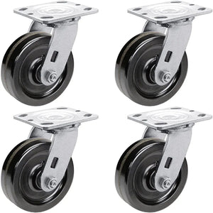 5-Inch Heavy Duty Plate Casters - 4 Pack with 4000 lbs Total Capacity, Phenolic Wheels, 2-Inch Width, 4 Swivel with Brake - Ideal for Industrial Use