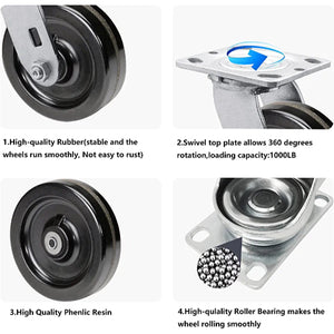 5-Inch Heavy Duty Plate Casters - 4 Pack with 4000 lbs Total Capacity, Phenolic Wheels, 2-Inch Width, 4 Swivel with Brake - Ideal for Industrial Use