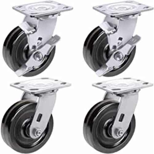 5-Inch Heavy Duty Plate Casters - 4 Pack with 4000 lbs Total Capacity, Phenolic Wheels, 2-Inch Width, 4 Swivel with Brake - Ideal for Industrial Use