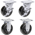 5-Inch Heavy Duty Plate Casters - 4 Pack with 4000 lbs Total Capacity, Phenolic Wheels, 2-Inch Width, 4 Swivel with Brake - Ideal for Industrial Use