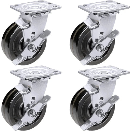 5" Heavy Duty Plate Caster Set (4 Pack) with Phenolic Wheels - 4000 lbs Total Capacity - 2 inches Extra Width, 2 Swivel & 2 Rigid Casters