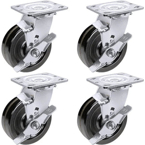 5" Heavy Duty Plate Caster Set (4 Pack) with Phenolic Wheels - 4000 lbs Total Capacity - 2 inches Extra Width, 2 Swivel & 2 Rigid Casters