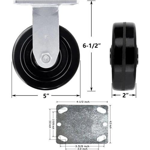 5" Heavy Duty Plate Caster Set (4 Pack) with Phenolic Wheels - 4000 lbs Total Capacity - 2 inches Extra Width, 2 Swivel & 2 Rigid Casters