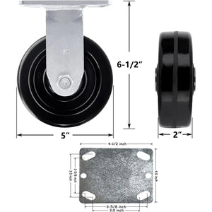 5" Heavy Duty Plate Caster Set (4 Pack) with Phenolic Wheels - 4000 lbs Total Capacity - 2 inches Extra Width, 2 Swivel & 2 Rigid Casters