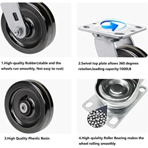 5" Heavy Duty Plate Caster Set (4 Pack) with Phenolic Wheels - 4000 lbs Total Capacity - 2 inches Extra Width, 2 Swivel & 2 Rigid Casters