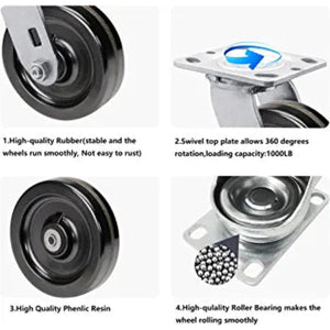 5" Heavy Duty Plate Caster Set (4 Pack) with Phenolic Wheels - 4000 lbs Total Capacity - 2 inches Extra Width, 2 Swivel & 2 Rigid Casters