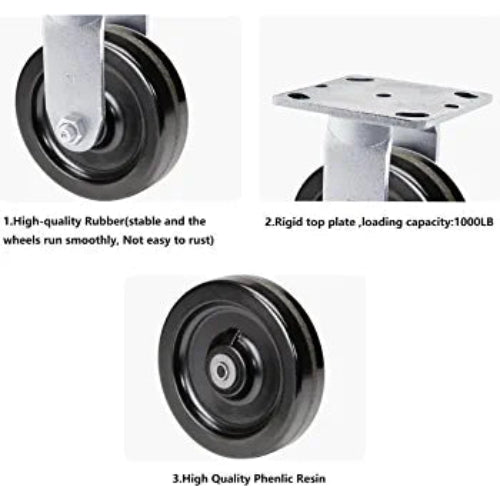 5" Heavy Duty Plate Caster Set (4 Pack) with Phenolic Wheels - 4000 lbs Total Capacity - 2 inches Extra Width, 2 Swivel & 2 Rigid Casters