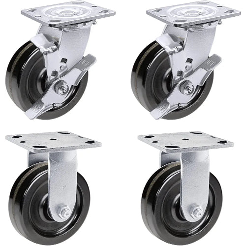 5" Heavy Duty Plate Caster Set (4 Pack) with Phenolic Wheels - 4000 lbs Total Capacity - 2 inches Extra Width, 2 Swivel & 2 Rigid Casters