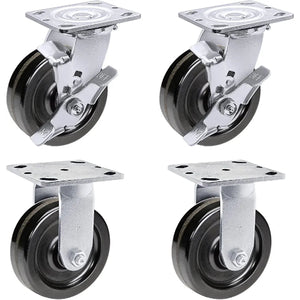 5" Heavy Duty Plate Caster Set (4 Pack) with Phenolic Wheels - 4000 lbs Total Capacity - 2 inches Extra Width, 2 Swivel & 2 Rigid Casters