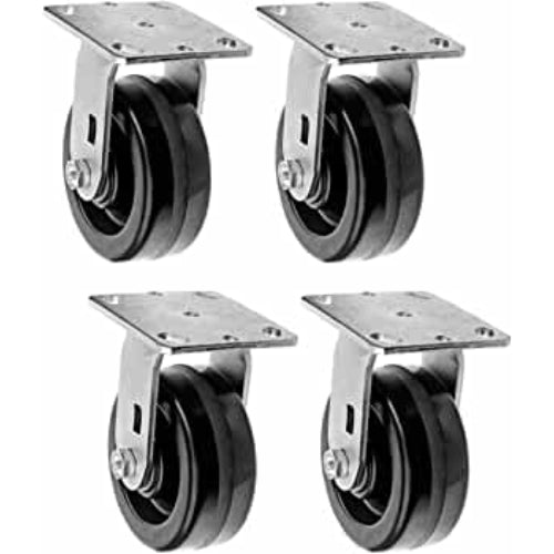 5" Heavy Duty Plate Caster Set (4 Pack) with Phenolic Wheels - 4000 lbs Total Capacity - 2 inches Extra Width, 2 Swivel & 2 Rigid Casters
