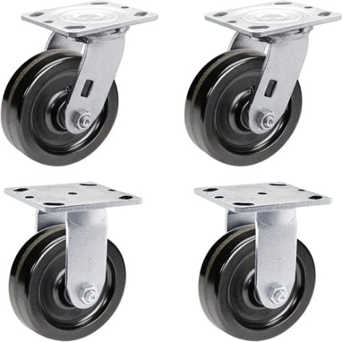 5" Heavy Duty Plate Caster Set (4 Pack) with Phenolic Wheels - 4000 lbs Total Capacity - 2 inches Extra Width, 2 Swivel & 2 Rigid Casters