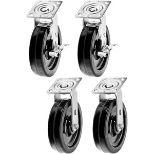 8" Heavy Duty Plate Caster Set with Phenolic Wheels and 6000 lbs Total Capacity (4-Pack, Swivel with Brake)