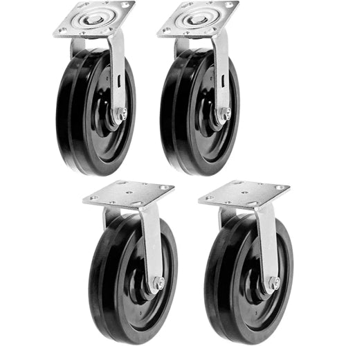 8" Heavy Duty Plate Caster Set with Phenolic Wheels and 6000 lbs Total Capacity (4-Pack, Swivel with Brake)