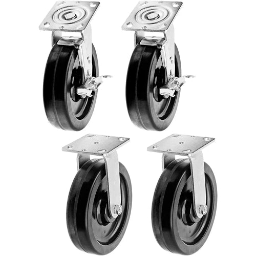 8" Heavy Duty Plate Caster Set with Phenolic Wheels and 6000 lbs Total Capacity (4-Pack, Swivel with Brake)