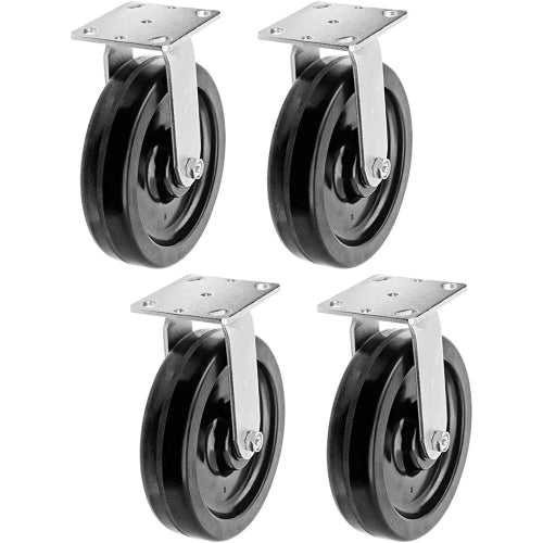 8" Heavy Duty Plate Caster Set with Phenolic Wheels and 6000 lbs Total Capacity (4-Pack, Swivel with Brake)